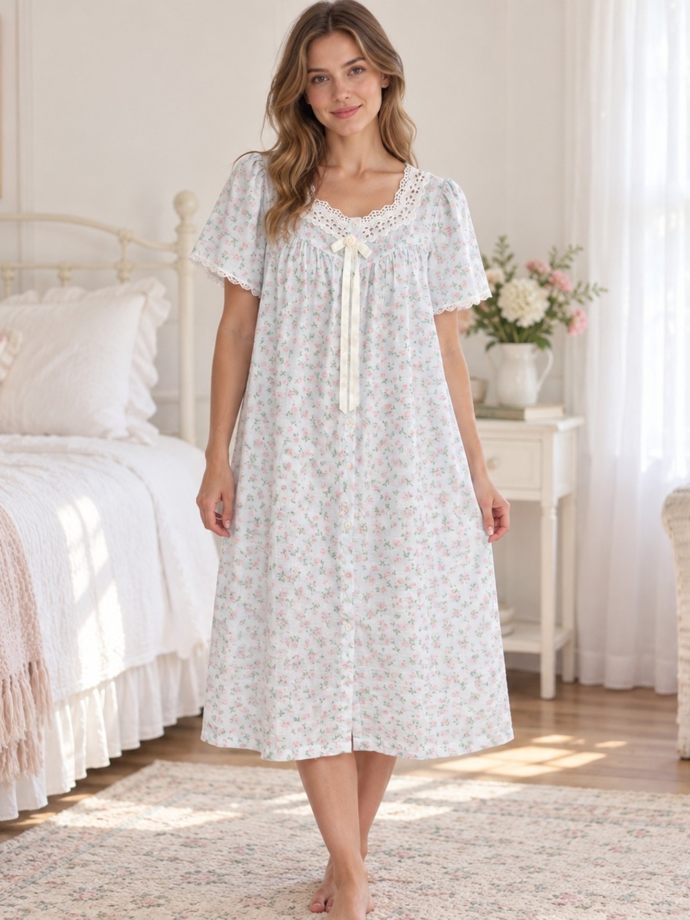 Jenny Buchanan Floral Nightgown Small Lace Trim Cottagecore Prairie